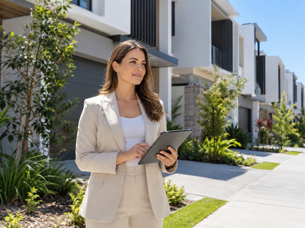 A property manager outside a row of townhouses